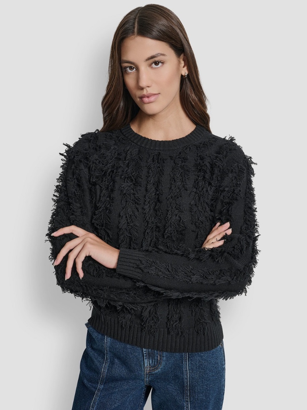 DKNY Petite Black Fringe Crewneck Sweater Edgy Modern Trendy